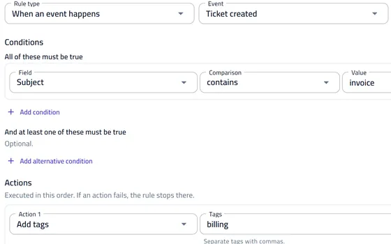 Automation rule editor: a condition on the ticket subject and an add-tags action
