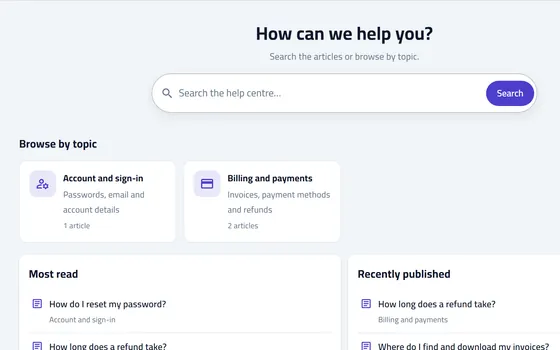Public help center: article search and browsing by topic
