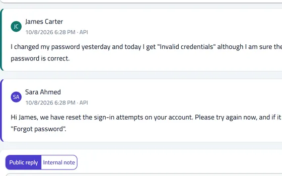 Ticket screen: the customer message, the agent reply and the reply editor