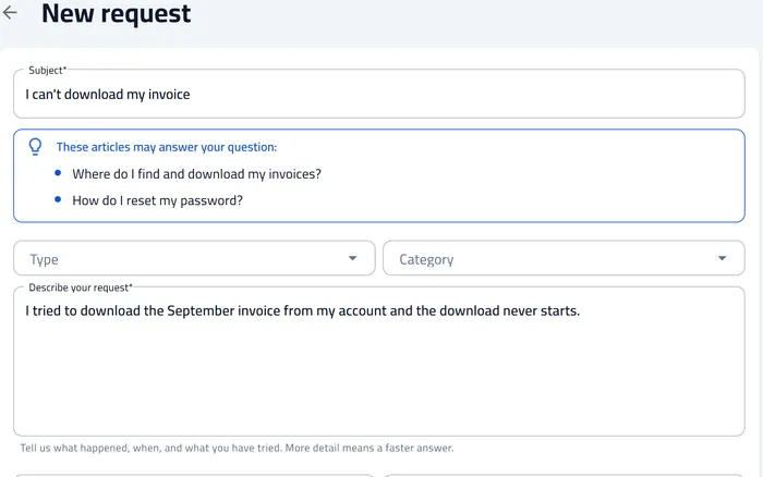 New request form in the portal: subject, type, category and description