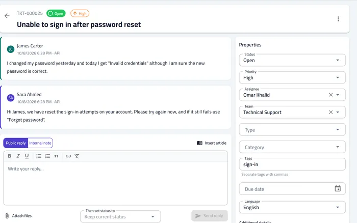 A customer ticket: the conversation, the reply box and the ticket properties